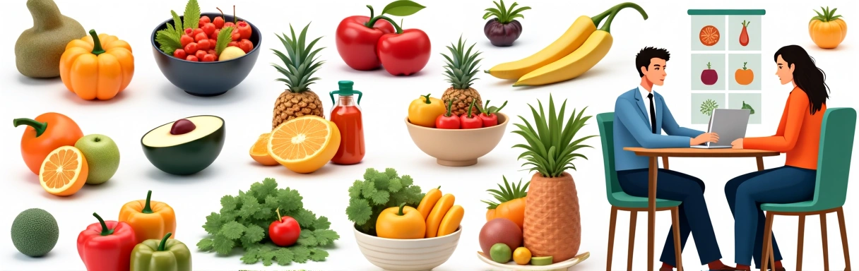 Eine vielfältige Darstellung von gesunden Lebensmitteln, Ernährungsplänen und Beratungssituationen, die die Breite der Ernährungsberatung symbolisiert.